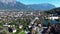 View of the Swiss city Werdenberg. Swiss Alps in the background. Roofs of houses and a city landscape from a quadrocopter.