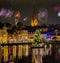 View of Sylvester festive lighting and romantic atmosphere with firework in the Flensburg at night. Maritime New Year`s Eve Firewo