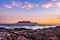 View of Table Mountain and Cape Town city coastline at sunset, Cape Town