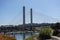 View of the Tacoma Narrows Bridge on a sunny, cloudless day downtown