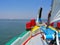 View from the Tagus river estuary from the prow or bow of the sailboat Amoroso, a historical, typical or traditional Varino type