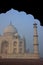 View of Taj Mahal in early morning fog seen through jawab, Agra, Uttar Pradesh, India