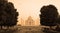 View of the Taj Mahal at sunset is an ivory-white marble mausoleum