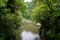 View of Takachiho gorge from above seeing river, boats at pier a