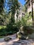 View of tall rocks, trees and rock sculptures with a blue summer sky in the background, AdrÅ¡pach, Czech Republic