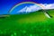 The view of the tea plantations and Mount Fuji has a rainbow as seen from Fuji City, Shizuoka Prefecture, Japan