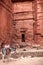 View of the Temples carved into the sandstone rock in the gorge. Petra, Jordan.