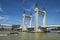 The view of Terengganu Drawbridge spans over the Terengganu River with boats as seen from Muara Utara in Seberang Takir of Kuala T