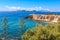 View of the terrace Giovanni Bovio and the lighthouse of Rocchetta in Piombino, Tuscany, Italy, in the background Elba Island