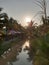 View of Thailand local coconut garden cafe with sunset background