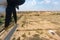 View of Thar desert from an aeroplane, Rajasthan, India. The propellers, the touchdown runway of Jaisalmer airport and thar desert