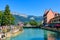 View of Thiou river and the old city of Annecy, the largest city of Haute-Savoie department in France