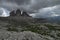 View of three peaks of Lavaredo  also called Tre Cime di Lavaredo, Drei Zinnen or Three Merlons , Dolomities, Sudtirol, Trentino