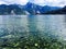 View to alpine mountain range of austrian alps in Traunkirchen, Upper Austria