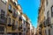 View to the Bairro Alto district in the historic center of Lisbon, traditional facades in the streets of the old town, Portugal