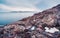 View to big cliff in arctic sky. Minimalist scenery with beautiful rockies. Awesome polar scenery with pointed rock