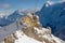 View to the Birg cable car station from the cable car gondola on the way to Schilthorn in Murren, Switzerland.