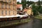 View to bridge over Vitava river and castle in Cesky Krumlov, Czech republic, Czechia, Heritage Old, decoration houses in Old Tow.