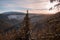 View to Brocken mountain peak covered in snow, in Harz Mountains, Germany