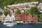 View to the Bryggen area with residential buildings at the background in Bergen, Norway.