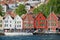 View to the Bryggen area with residential buildings at the background in Bergen, Norway.