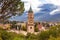 View to Cathedral Saint Nikolaus of Merano, South Tyrol seen from famous hiking trail Tappeinerweg