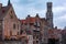 View to the classic medieval buildings and Belfry of Bruges from the Rozenhoedkaai