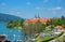 View to famous tegernsee castle and harbour with boats, upper bavaria