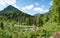 View to fish farm Kreuth with breeding pools, alpine landscape bavaria