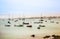 View to harbor village Corralejo in Fuerteventura with boats