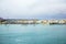 View to harbor village Corralejo in Fuerteventura with boats