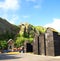 View to the Hill Cliff Railway and fishing huts on the seashore, Hastings UK