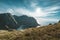 View to Kvalvika beach from mount Ryten in Lofoten Islands Norway on a blue ans sunny day with some clouds.