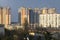 View to Kyiv district with high-rise multi-apartment buildings. Kyiv, Ukraine. March 2020