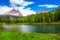 View to Lago Antorno and The Tre Cime di Lavaredo in Dolomites,