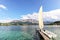 View to lake Attersee with sailing boat, Mountains of austrian alps near Salzburg, Austria Europe