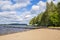 View to The Lake Saimaa, wooden swimming pier and Lempukka Beach