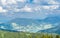 view to lake schliersee and health resort, from durnbach mountain. beautiful bavarian landscape. blue sky light clouds.