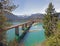 View to lake sylvenstein with bridge and karwendel mountains