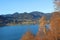 View to lake tegernsee, autumnal larch trees