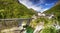 View to Lavertezzo village, famous Swiss village with double arch stone bridge at Ponte dei Salti with waterfall, Lavertezzo