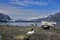 A view to Margerie and Grand Pacific glaciers with landed iceberg from Tarr inlet in Glacier Bay National Park, Alaska