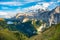 View to Marmolada and Fedaia Lake Dolomites Italy