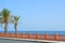 A view to Mediterranean sea from a waterfront promenade of Benalmadena beach and a road with palms at the forefround