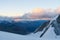 View to the Mensu glacier. Sunset in Belukha Mountain area. Altai, Russia