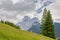 View to Monte Civetta, major mountain of the Dolomites from Santa Fosca and two spruces