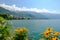 View to Montreux city from Geneva lake embankment at sunny summer day