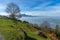 View to Mount Pilatus and Lake Lucerne covered with frog, Alps, Switzerland