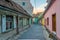 View to a narrow street with colourfull houses in Sibiu