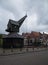 View to the old crane of the illemnau port in the german city called Lueneburg